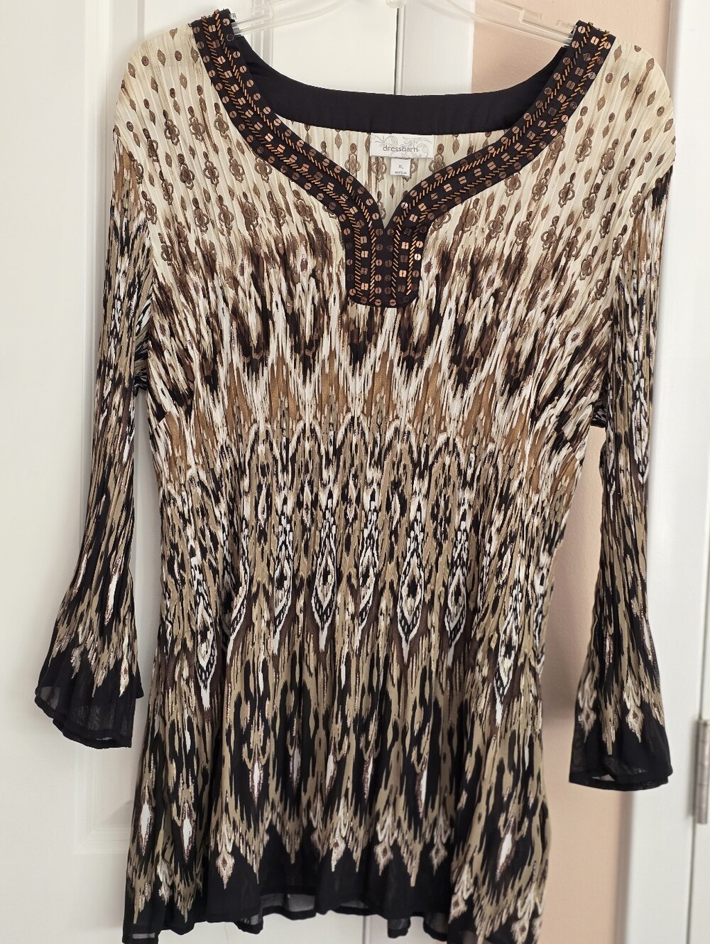 Southwestern Beaded Split Neck Chiffon Tunic Top XL
